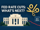 Gold scissors cutting a percent sign above the Federal Reserve building, with an October 2025 calendar and falling rate chart.