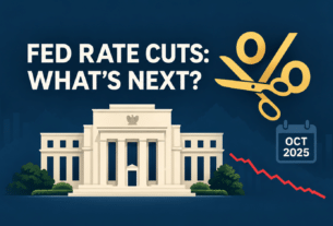Gold scissors cutting a percent sign above the Federal Reserve building, with an October 2025 calendar and falling rate chart.