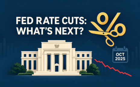 Gold scissors cutting a percent sign above the Federal Reserve building, with an October 2025 calendar and falling rate chart.