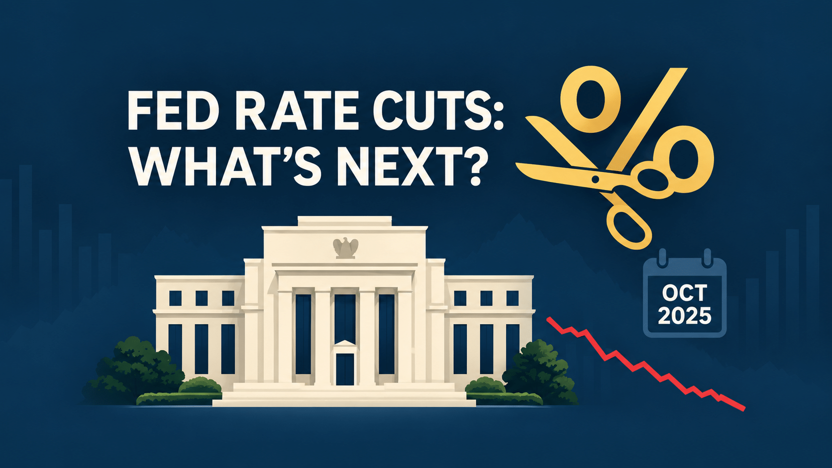Gold scissors cutting a percent sign above the Federal Reserve building, with an October 2025 calendar and falling rate chart.