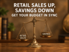 Antique balance scale with retail sales outweighing savings, illustrating the imbalance between spending and saving.