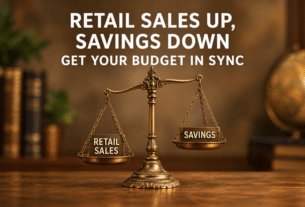 Antique balance scale with retail sales outweighing savings, illustrating the imbalance between spending and saving.