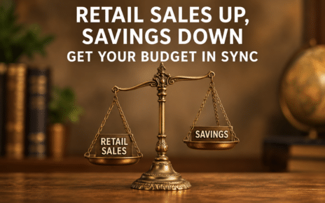 Antique balance scale with retail sales outweighing savings, illustrating the imbalance between spending and saving.