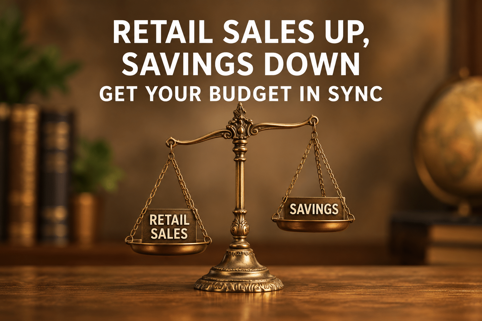 Antique balance scale with retail sales outweighing savings, illustrating the imbalance between spending and saving.