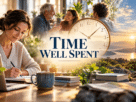 Clock surrounded by scenes of meaningful work, human connection, and outdoor experiences.