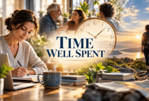 Clock surrounded by scenes of meaningful work, human connection, and outdoor experiences.
