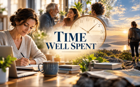 Clock surrounded by scenes of meaningful work, human connection, and outdoor experiences.
