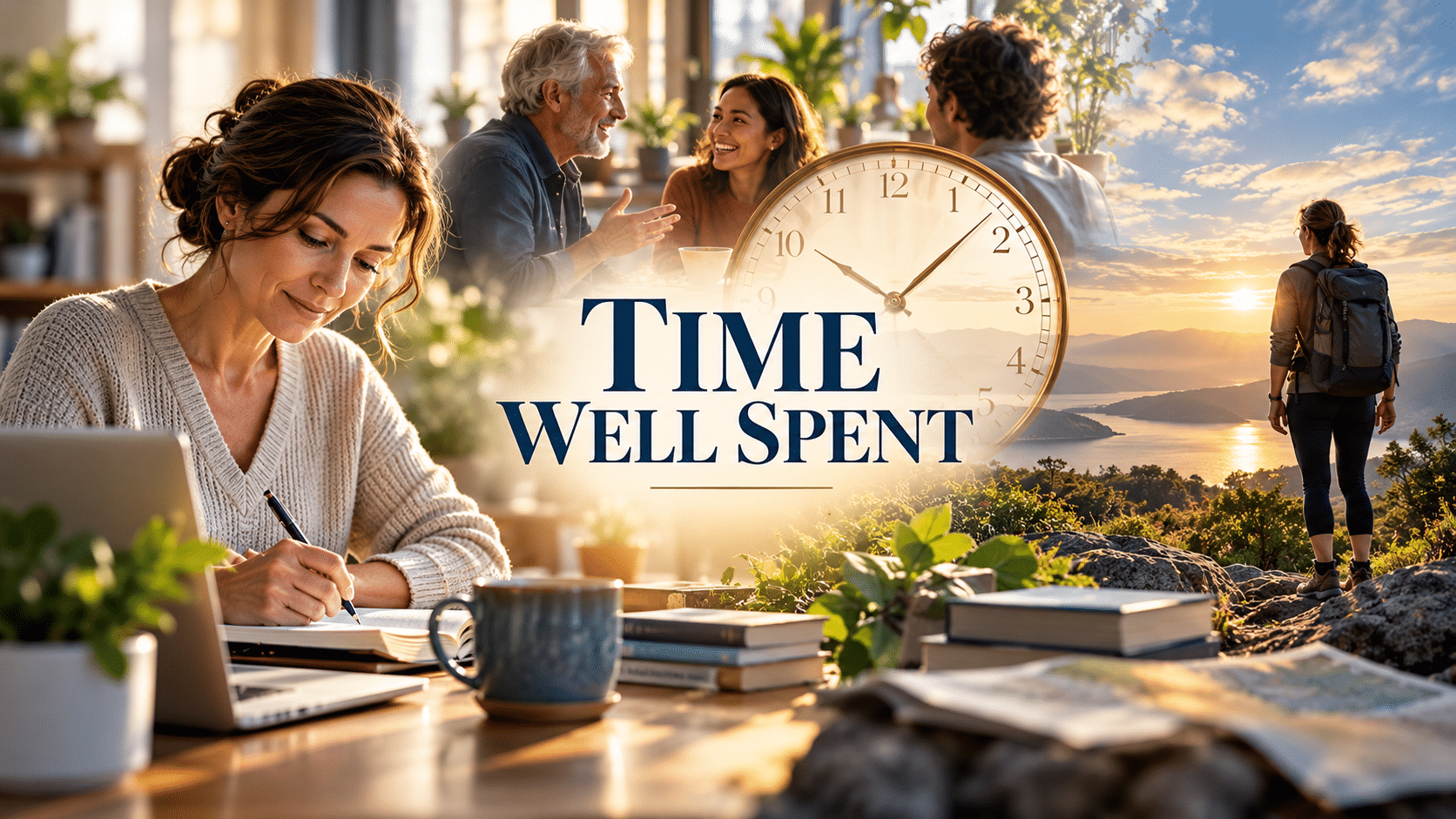Clock surrounded by scenes of meaningful work, human connection, and outdoor experiences.