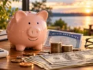 Piggy bank with Social Security card, coins and U.S. currency illustrating retirement savings