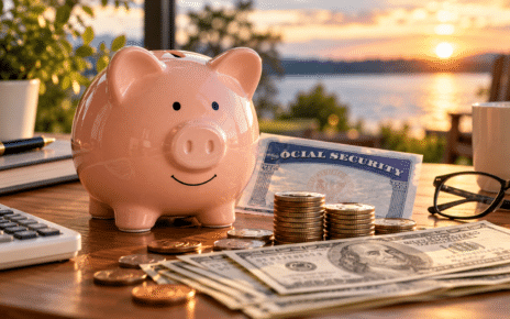 Piggy bank with Social Security card, coins and U.S. currency illustrating retirement savings