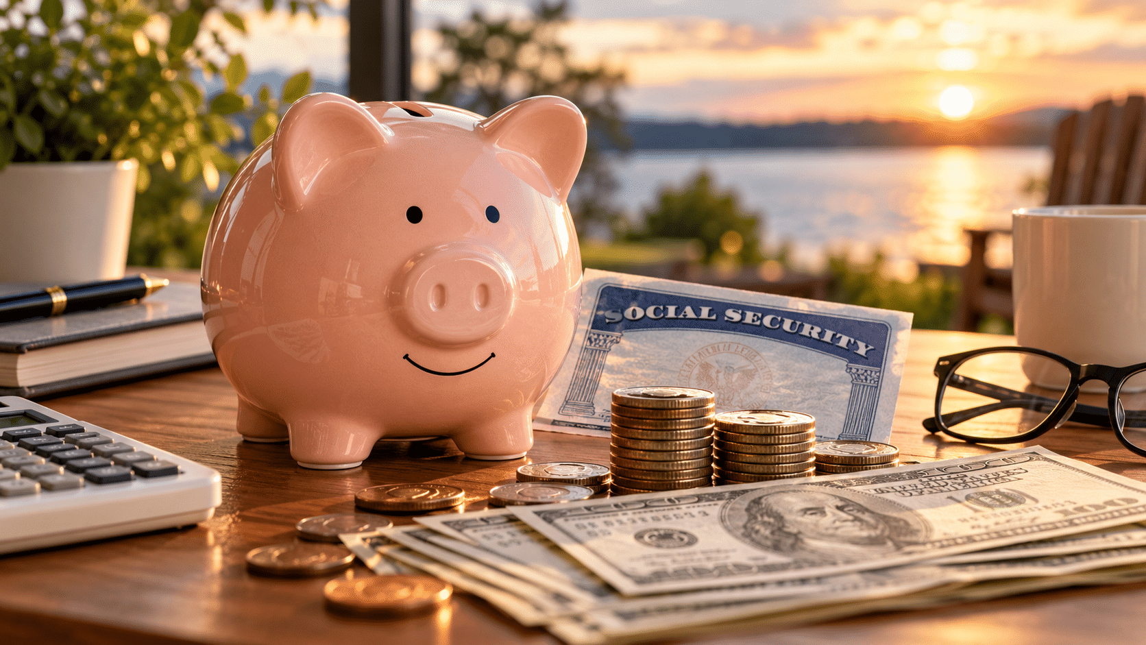 Piggy bank with Social Security card, coins and U.S. currency illustrating retirement savings