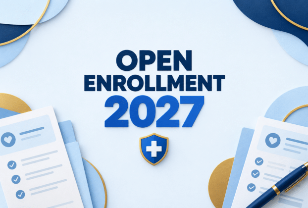 Open Enrollment 2027, with a healthcare shield and insurance comparison forms.