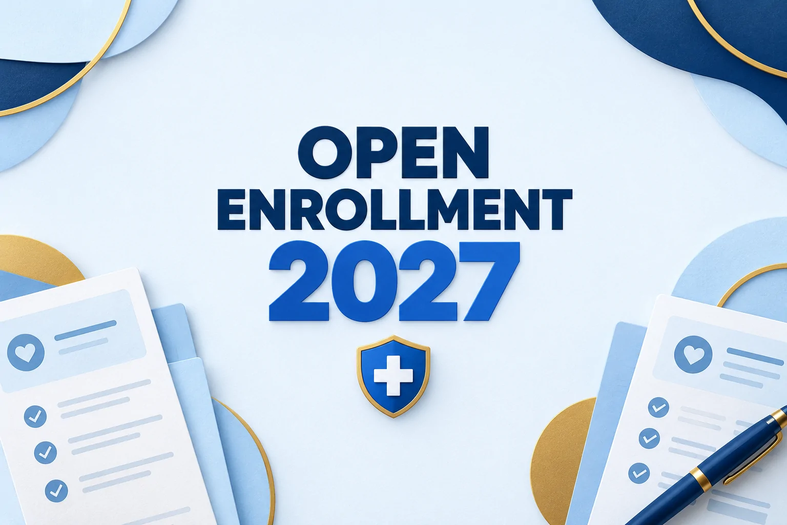 Open Enrollment 2027, with a healthcare shield and insurance comparison forms.